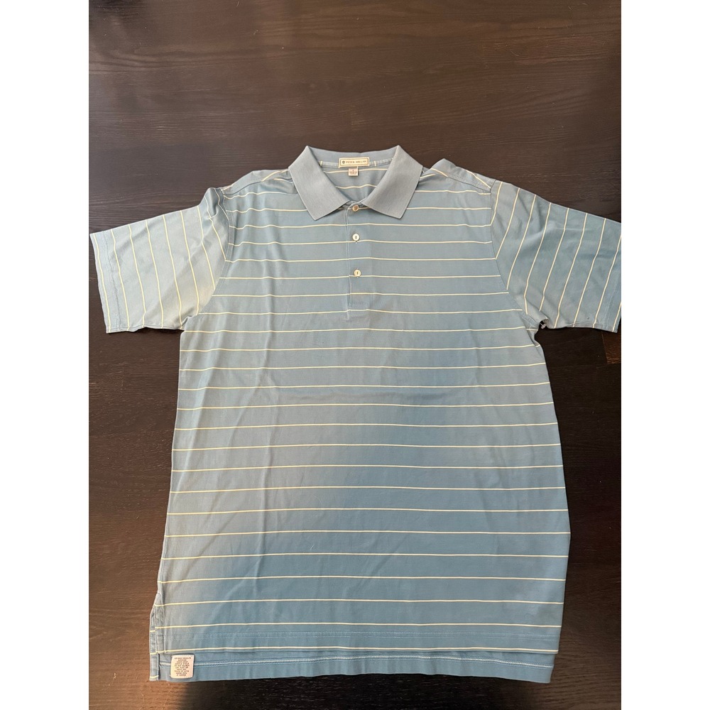 Peter Millar Mens Large Light Blue White Striped Cotton Short Sleeve Polo Shirt